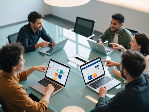 会议室场景,几位专业技术人员围坐讨论,桌上摆放笔记本电脑和文档,墙上挂着公司标识,体现专业协作的工作氛围